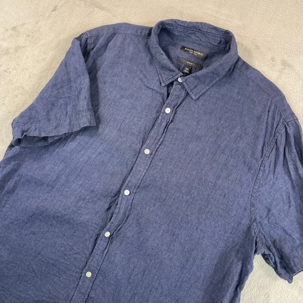Banana Republic Slim Fit Shirt Men 2XL Blue 100% Linen‎ Short Sleeve Vacation
